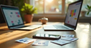 Mesa de trabalho com smartphone exibindo opções de autoatendimento organizado em blocos de mensagens